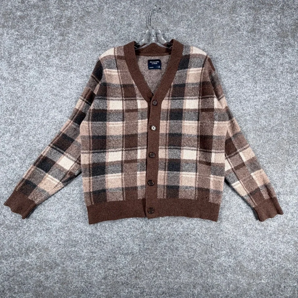 Abercrombie Fitch Mens Cardigan Sweater XS Oversized Brown Plaid Grandpa Knit